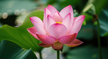 A Close Up View of a Beautiful Pink Lotus Flower Blooming in a Pond with Green Lily Pads and Soft Bokeh Background