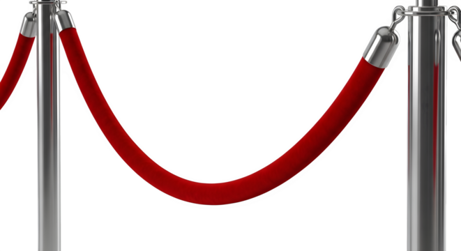 Red velvet rope barrier 3d rendered isolated on white background