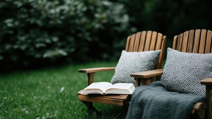 Fototapeta premium A serene garden nook featuring comfortable chairs and an open book, inviting relaxation and tranquility, embodying the perfect spot for reading and enjoying nature's beauty.