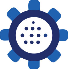 Abstract blue and white circular gear design with radiating petal shapes and a dotted inner circle for technology and innovation concepts