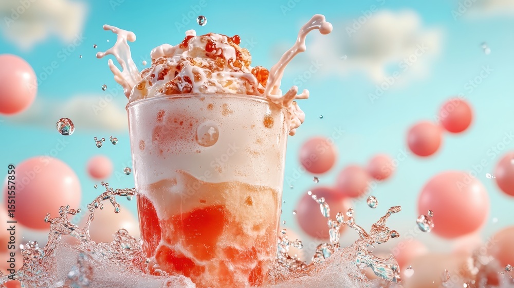 Poster a vibrant and playful image of a sparkling drink bursting with foam and colorful swirls, splashing w