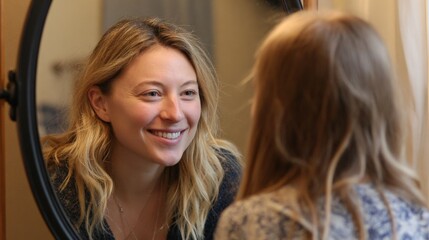 Interactive speech therapy moment with therapist and girl practicing together using mirror reflection.