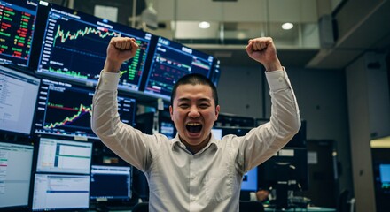 Stock Trader Celebrates in Front of a Monitor Displaying a High Gain in Profits