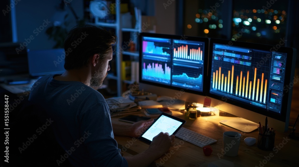 Wall mural late night office with financial advisor analyzing risk management data using tablet and graphs.