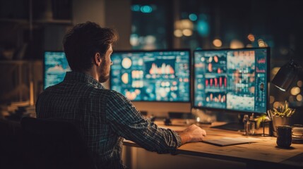 Late night research session with financial advisor using data visualization tools, calm workspace.