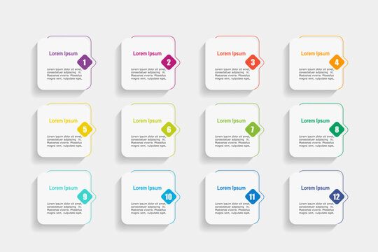 For business concept with 12 steps infographics,  rectangle shape with multicolor label, design for workflow layout, diagram, annual report, web design. vector illustration