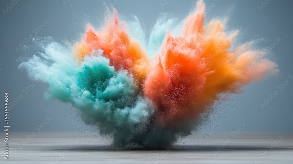 Poster an energetic explosion of colorful dust creating a mesmerizing visual effect, representing the vibra