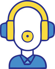 Stylized cartoon illustration of a person wearing large yellow and blue headphones listening to music with a simple blue shirt