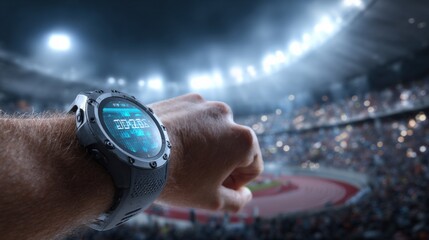 Male person wrist with digital sport watch, finger navigating workout stats, blurry stadium background.