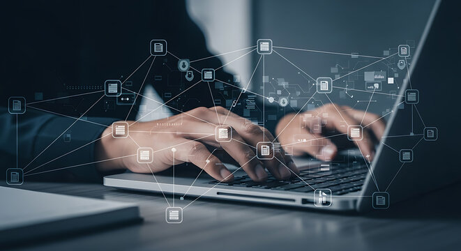 Business professional using laptop to connect with global digital data and networks securely - Powered by Adobe