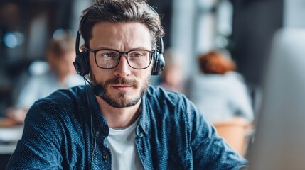 Obraz premium Male technical support agent in headset assisting online query, audio tech devices on desk in call center workplace.