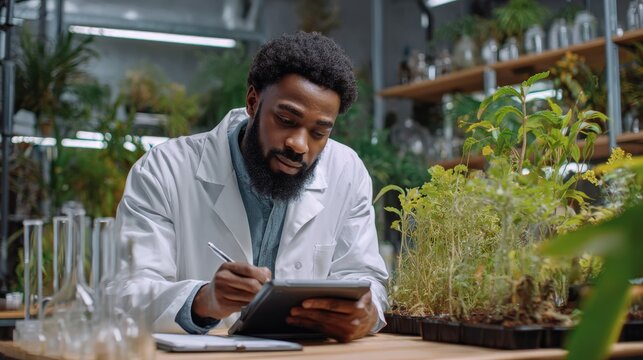 Male scientist making notes on a digital pad, comparing plant characteristics with online research for ecology innovation, active lab with various plants