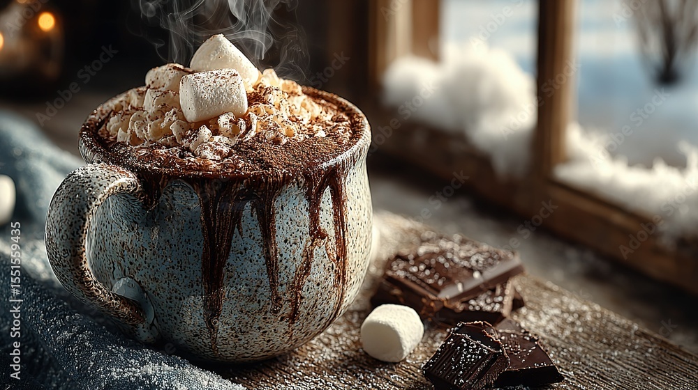 Poster a mug filled with warm cocoa and topped with fluffy marshmallows rests beside a window