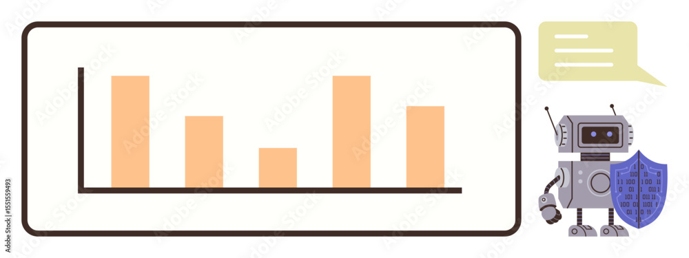 Poster bar chart analysis with a robot holding a shield, speech bubble included. ideal for data security, a