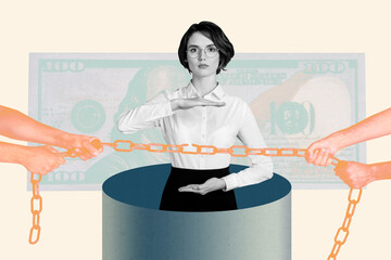 Trendy art creative full zine photo collage of serious businesswoman show metal chain trap dollar...