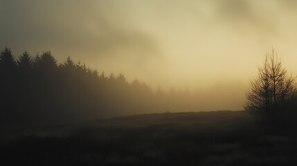 Misty sunrise over a tranquil forest, silhouettes of trees emerge from the fog, golden light illuminating the scene