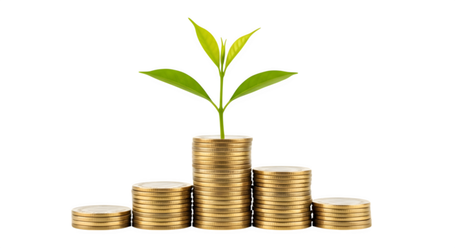 Plant growing from stack of coins  isolated on white background