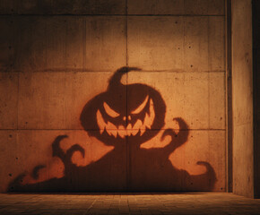 3D render of a scary pumpkin monster shadow on a concrete wall, a Halloween concept, close-up.
