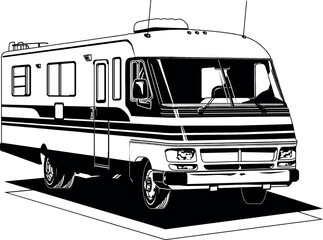 detailed black and white drawing of a motorhome (RV). It is depicted from a slight front-side angle, allowing visibility of both the front end with the windshield and headlights, and the side