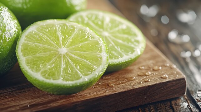 Vibrant, freshly cut limes sit on a wooden board, showcasing their enticing green flesh and droplets of water, ideal for culinary and refreshing beverage inspiration.