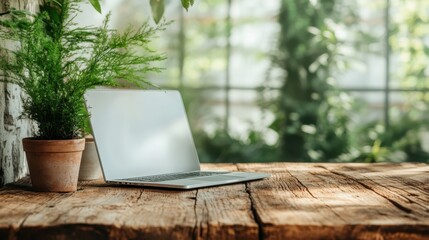 A sleek laptop sits on a rustic wooden table surrounded by lush greenery, symbolizing productivity and creativity in a serene and calming environment.