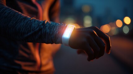 Modern fitness tracker on man hand, sports gear visible, app interface glowing in the dark.
