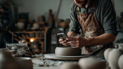 Modern potter documenting art process using smartphone, handcrafting business visuals for ecommerce.