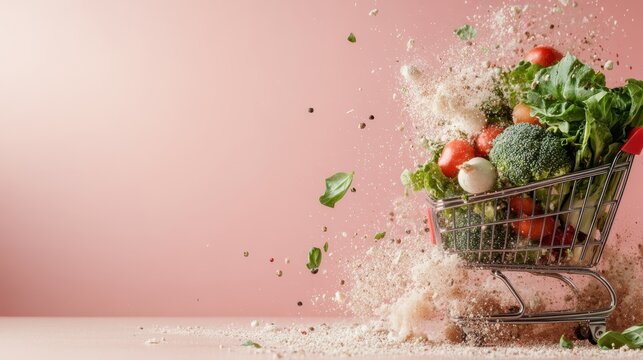 Naklejki An explosion of fresh vegetables spilling from a shopping cart, capturing the vibrancy of healthy eating and the dynamic energy of food culture in a visually appealing manner.