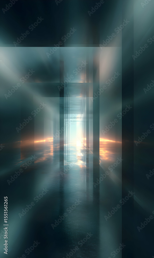 Poster mysterious architectural exploration featuring geometric design and atmospheric lighting creating a 