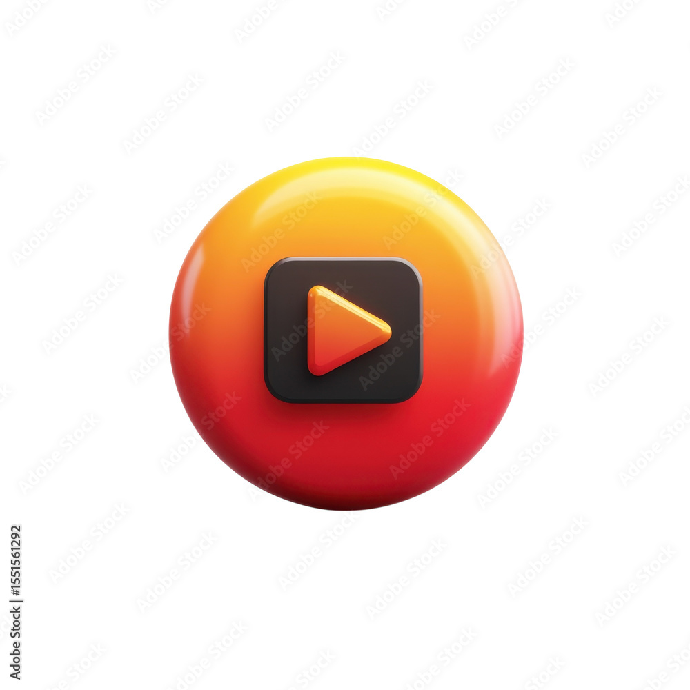 Poster 3d play button icon glowing circle media player interface orange red on transparent background
