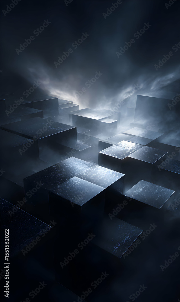 Poster abstract geometric composition featuring metallic cubes illuminated by ethereal light in a dark myst