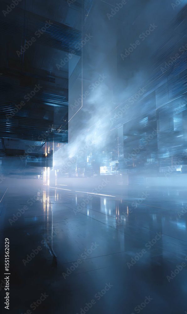 Poster abstract structures with shimmering light create a futuristic environment that hints at advanced tec