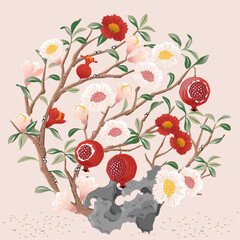 Vector Illustration of a Flowering and Fruiting Pomegranate Tree in Traditional Korean Minhwa Style