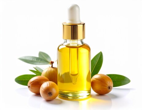 Close-up of jojoba oil in a clear bottle or dropper, emphasizing its rich color and luxurious texture. Perfect for cosmetics, aromatherapy, and organic product branding,  jojoba oil in white backgroun
