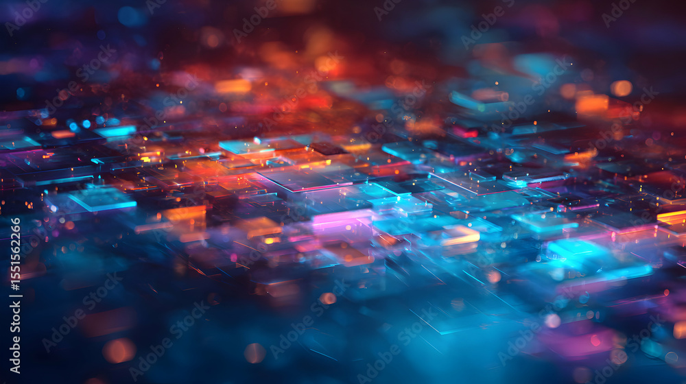 Poster abstract futuristic glowing tiles pattern reflecting light with soft and ethereal atmospheric feel
