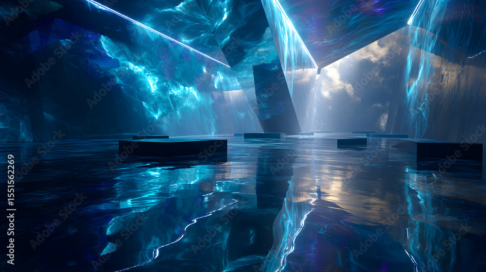 Poster abstract futuristic space with platforms reflecting blue light creating a mysterious atmosphere