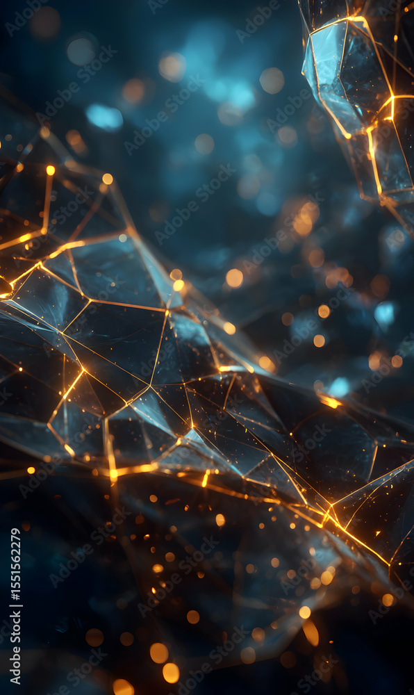 Poster abstract geometric network background with glowing lines and polygonal shapes shimmering in the dark