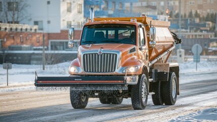 Snow plow truck clearing icy roads in winter setting  