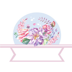 greeting card with roses and peonies on a circle