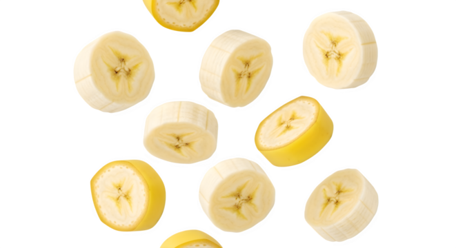 Sliced bananas floating in air on white background
