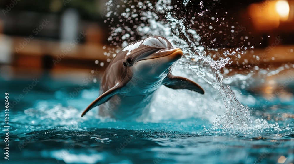 Poster a playful dolphin leaps out of the shimmering water, creating a captivating splash while showcasing 