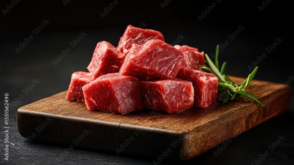 Poster this image features fresh raw beef cubes stacked on a wooden cutting board, highlighting the quality