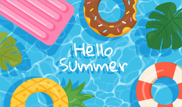 Colorful summer pool water background with floaties and Hello Summer text. Vector illustration for banners, cards, posters.