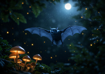 A beautiful bat with velvet-like fur in midnight blue, gracefully flying through a moonlit forest canopy, catching mosquitoes in an elegant dance, surrounded by glowing mushrooms and soft moonbeams