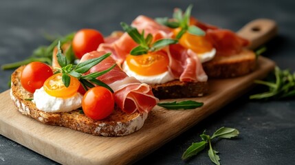 A beautifully arranged breakfast toast featuring fresh tomatoes, creamy cheese, prosciutto, and vibrant greens, perfect for a morning meal or brunch setting.