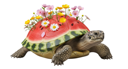 Watermelon shell tortoise with flowers 3d rendered on white background