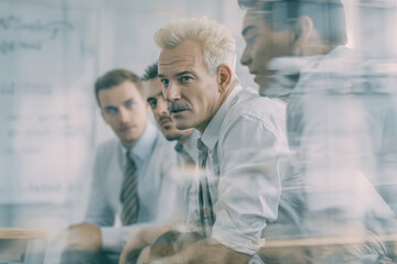 A middle-aged man with white hair and a mustache, wearing a shirt and tie, is sitting at a table and hosting an open office meeting surrounded by his team members.