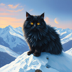 Black cat on a snowy mountain 