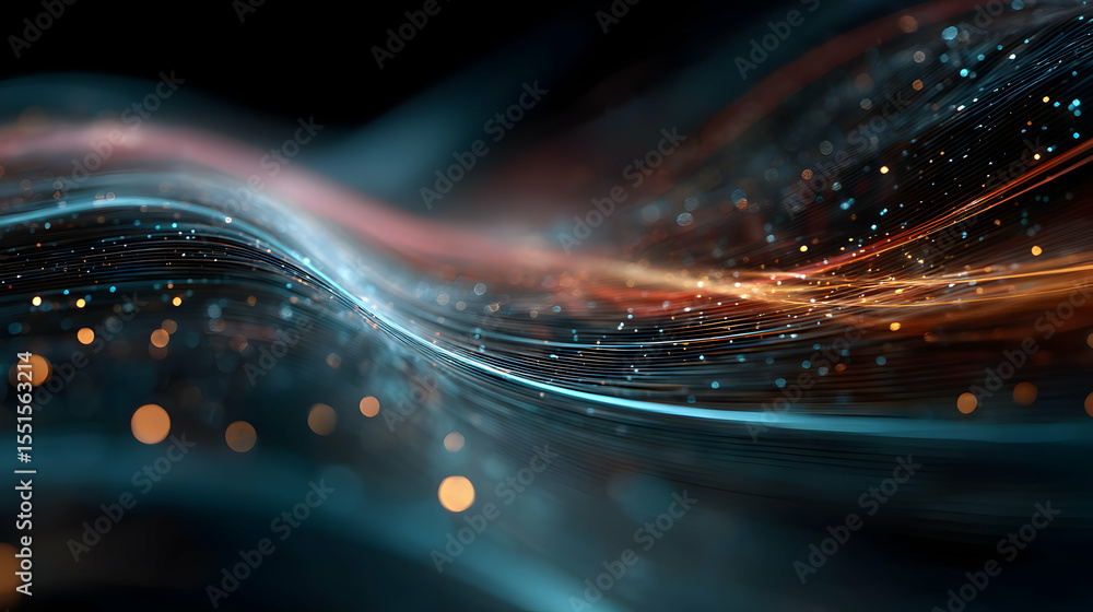 Poster abstract vibrant light trails and sparkling particles floating in a dark digital space field