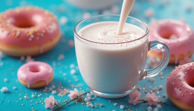 Delicious Pink Donuts With Sprinkles Beside a Cup of Creamy Milk on a Vibrant Blue Background - Powered by Adobe